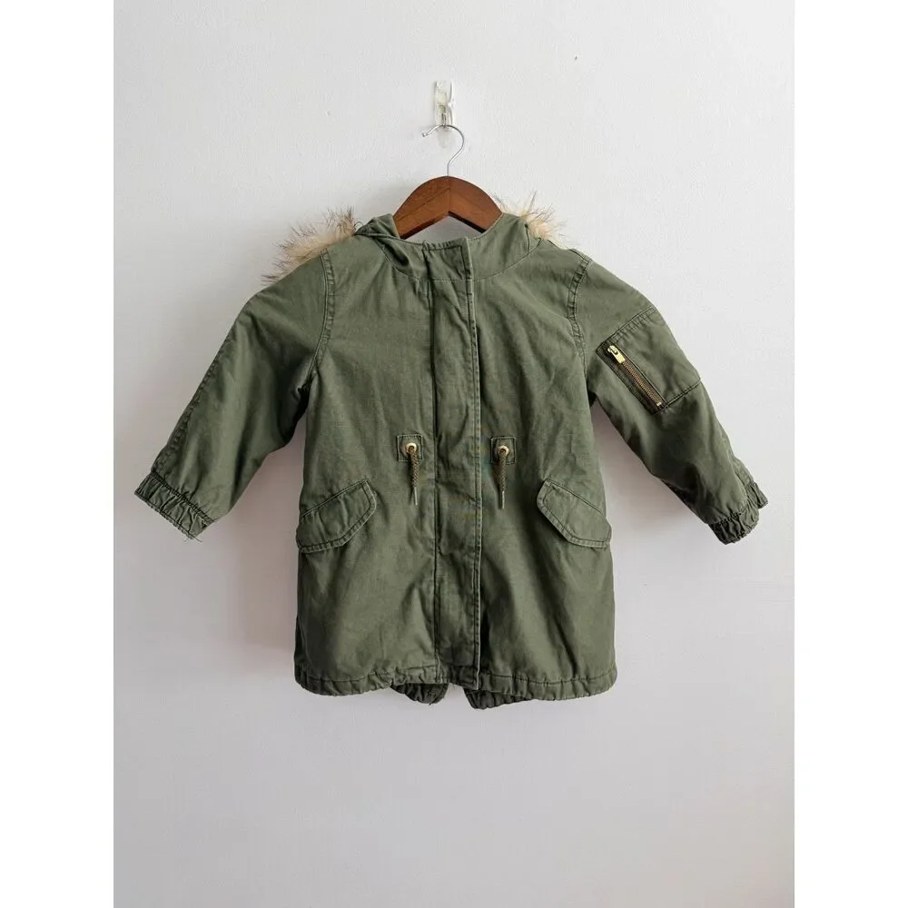 Baby Gap Toddler 3 Years Olive Green Faux Fur Hood Utility Parka Jacket